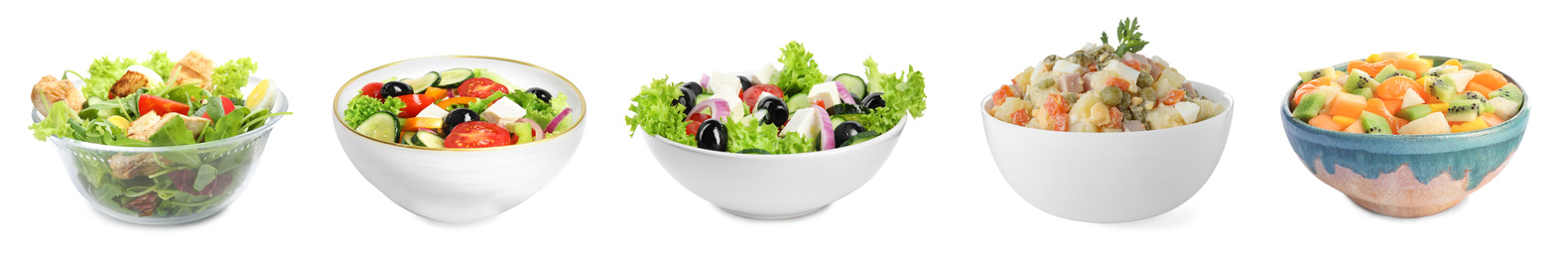 Image of Set with different salads on white background. Banner design