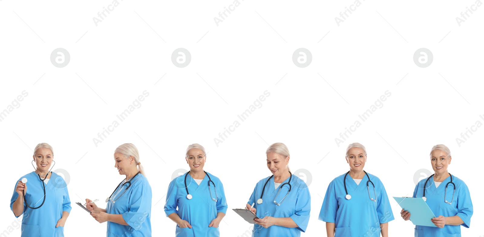 Image of Collage with photos of mature doctor on white background, banner design