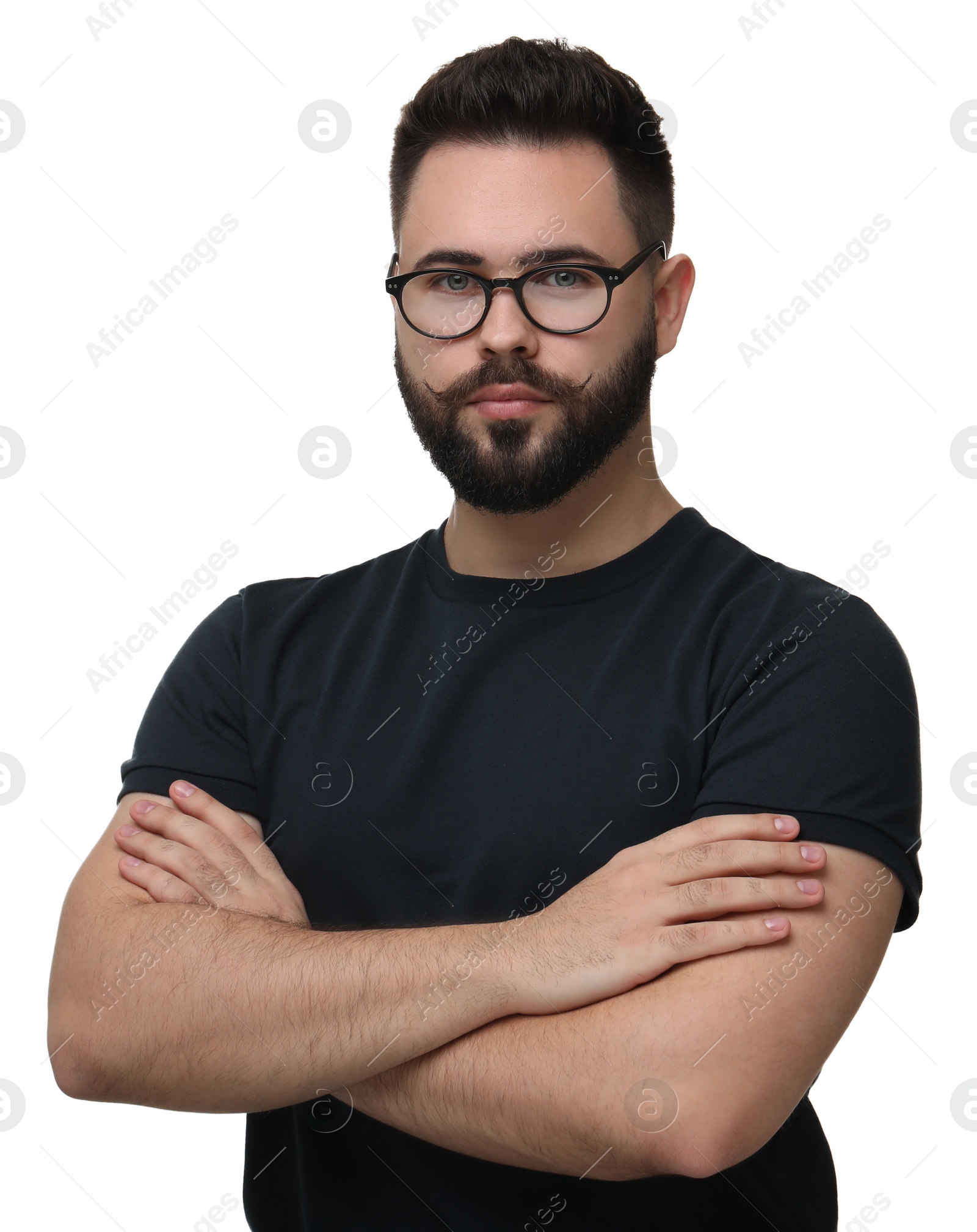 Photo of Portrait of young man with mustache on white background