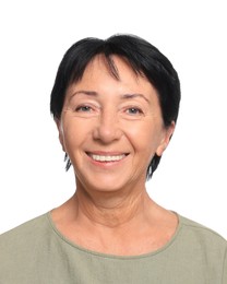 Image of Passport photo. Portrait of mature woman on white background