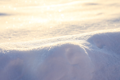Photo of Beautiful snowdrift as background, closeup view. Winter weather