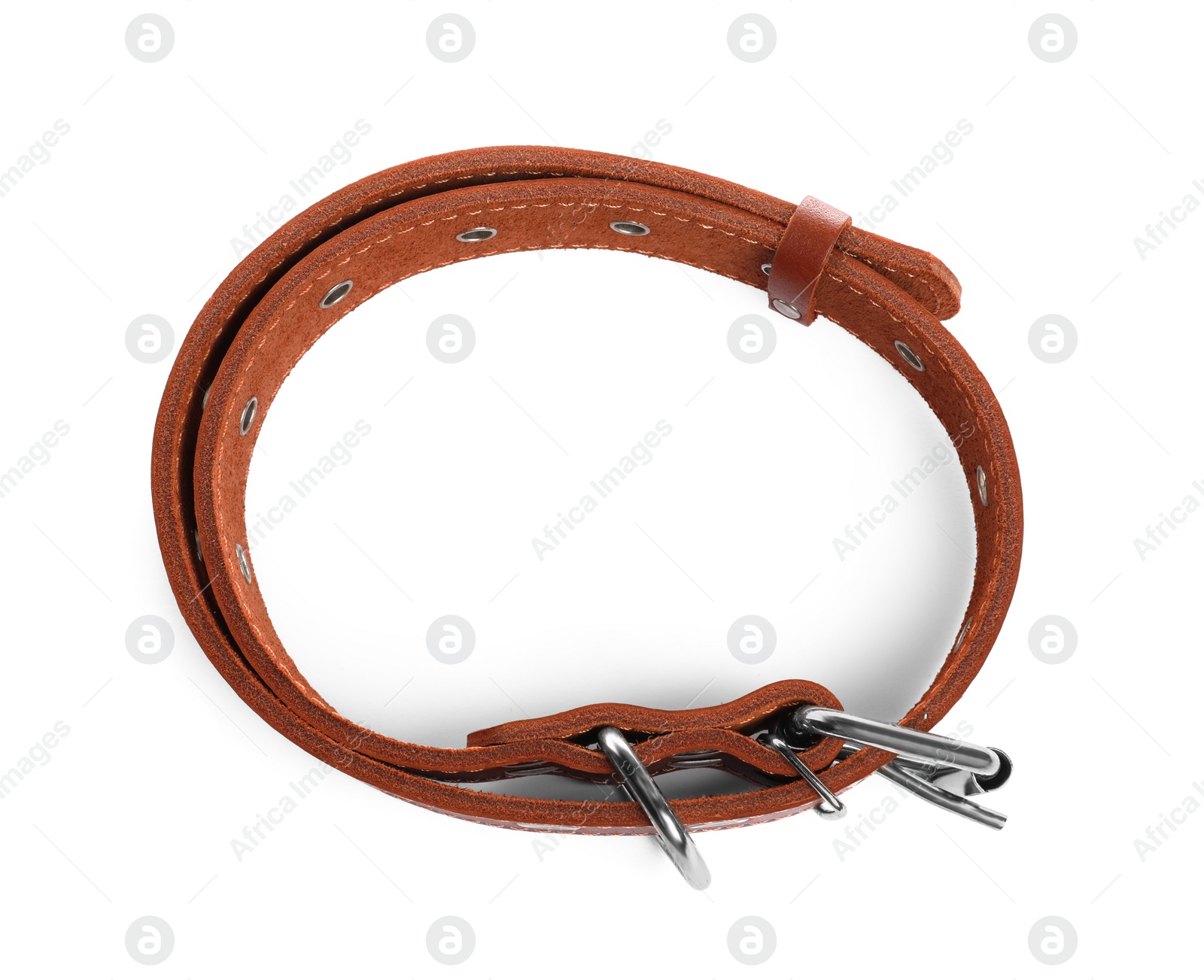 Photo of Brown leather dog collar isolated on white, top view
