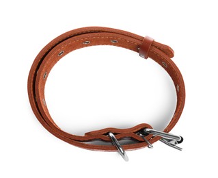 Photo of Brown leather dog collar isolated on white, top view