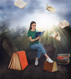 Image of Woman sitting on rock and flying books in sunny forest
