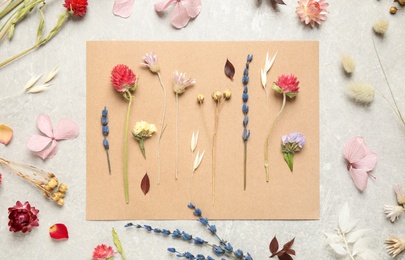 Photo of Flat lay composition with beautiful fresh and dry flowers on light grey background