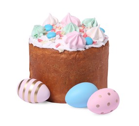 Photo of Traditional Easter cake with meringues and painted eggs isolated on white