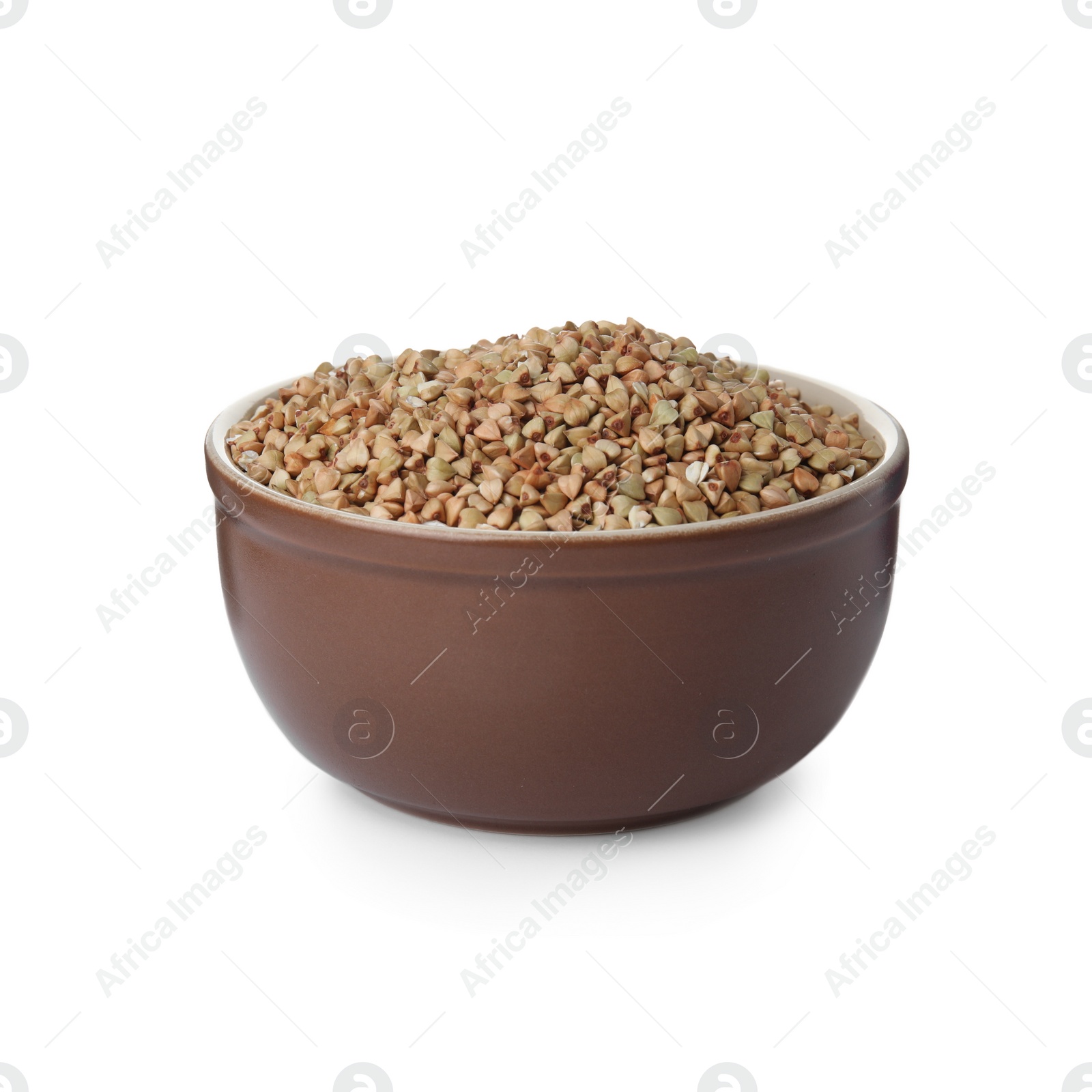 Photo of Organic green buckwheat in bowl isolated on white