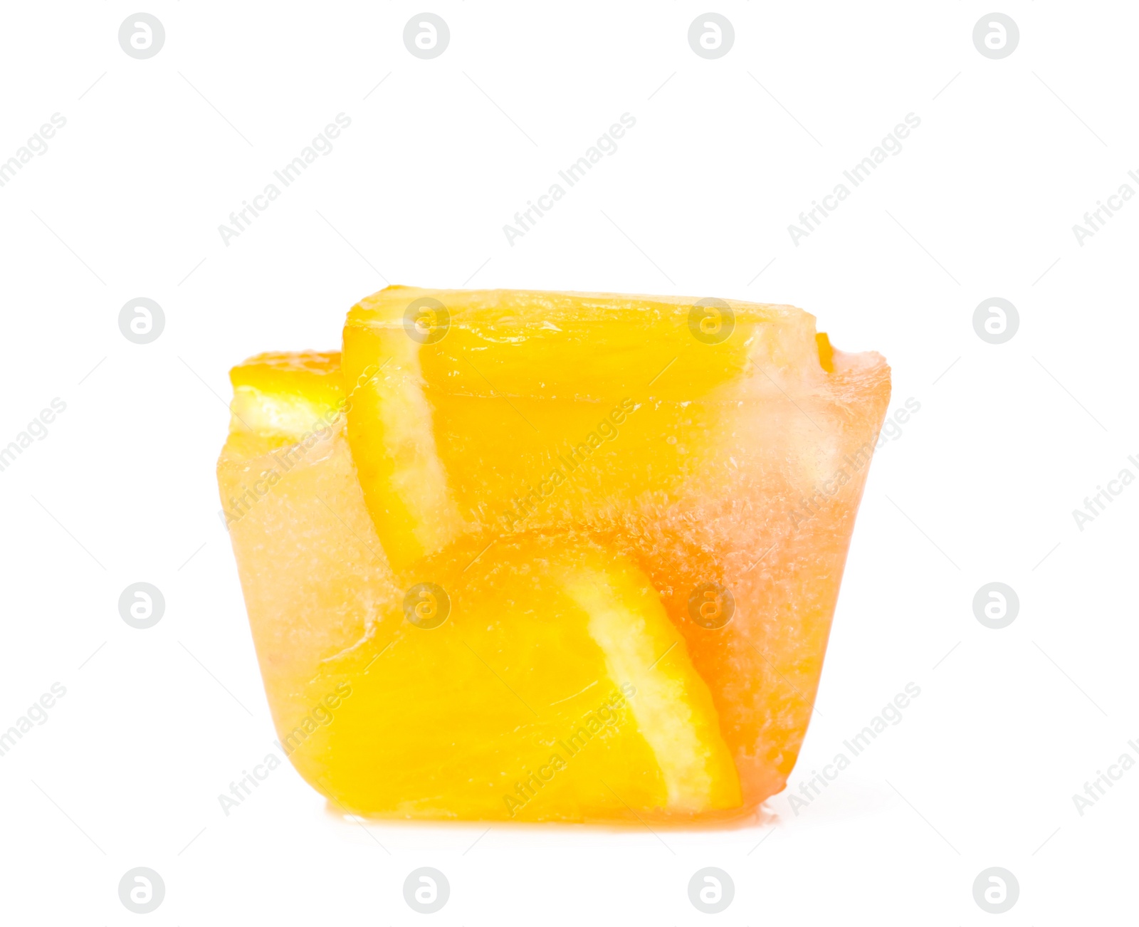 Photo of Ice cube with orange slices on white background