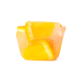 Ice cube with orange slices on white background