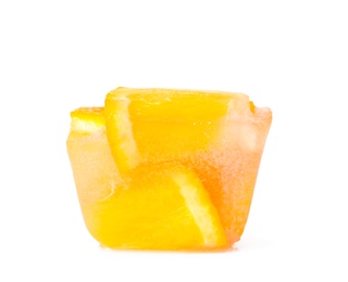 Photo of Ice cube with orange slices on white background