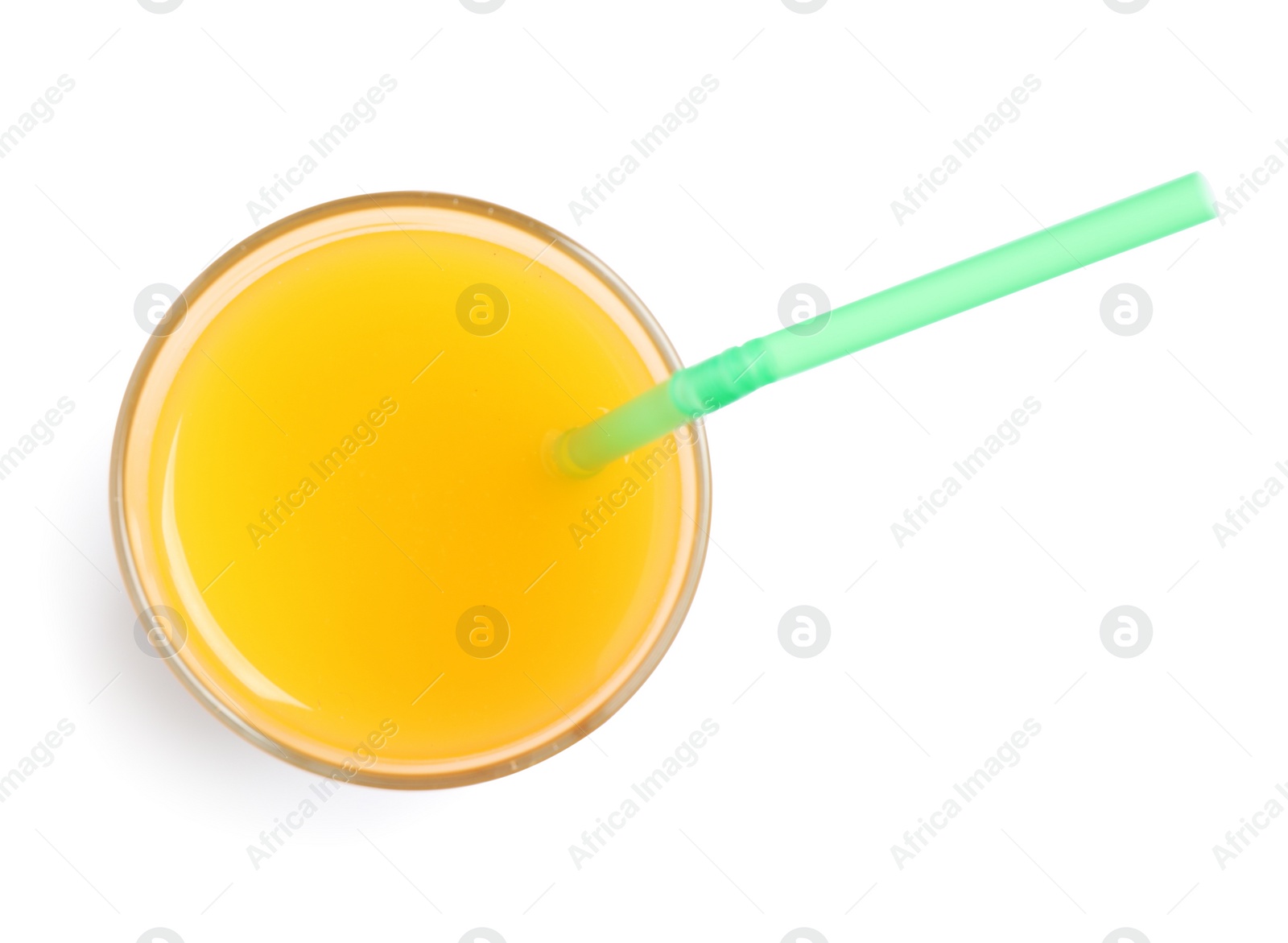 Photo of Fresh delicious mango drink isolated on white, top view