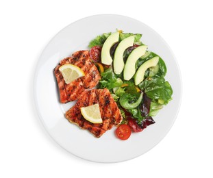 Photo of Tasty grilled salmon with avocado, lemon and tomatoes on white background, top view