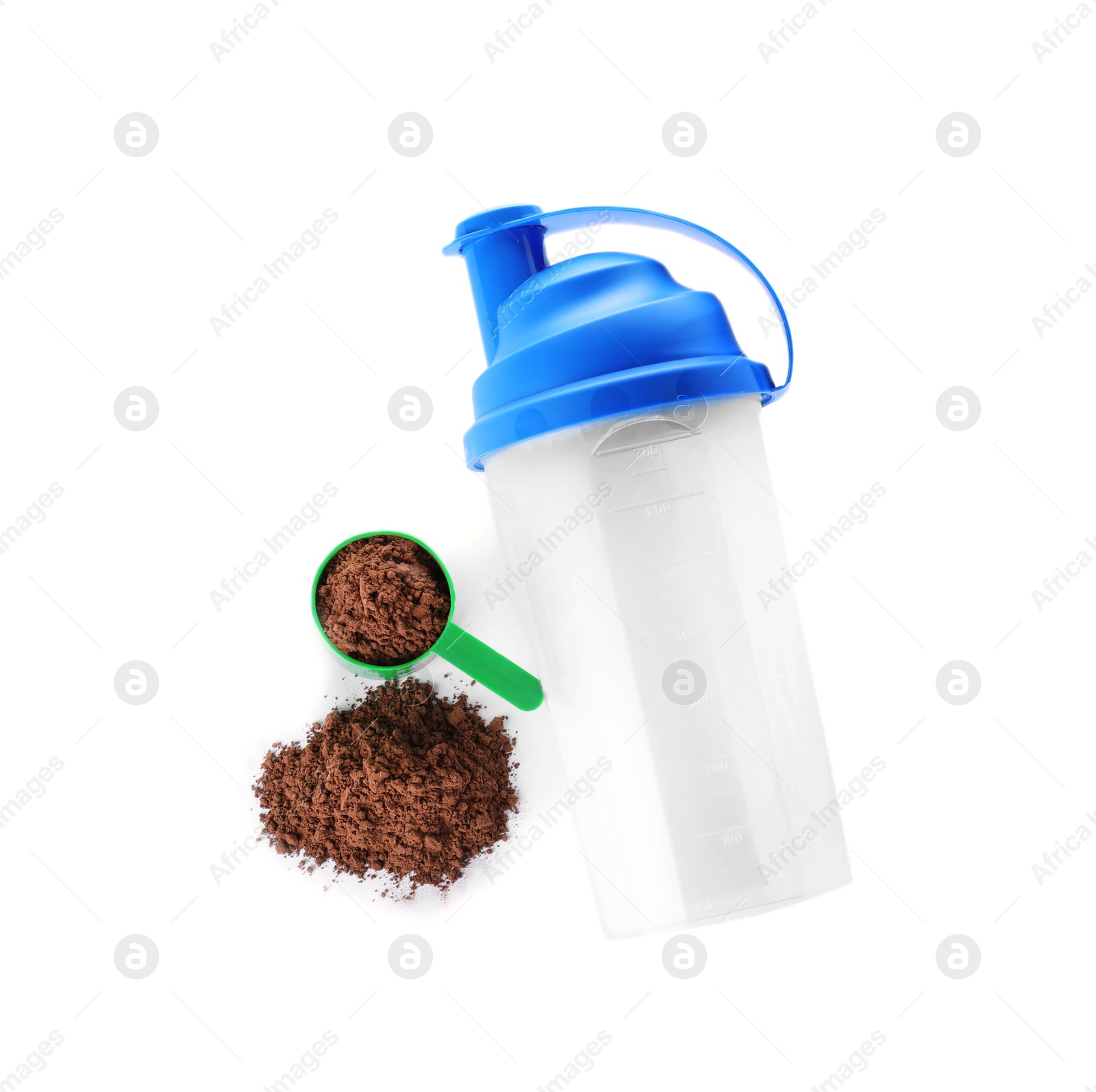 Photo of Scoop of protein powder and sports bottle isolated on white, top view