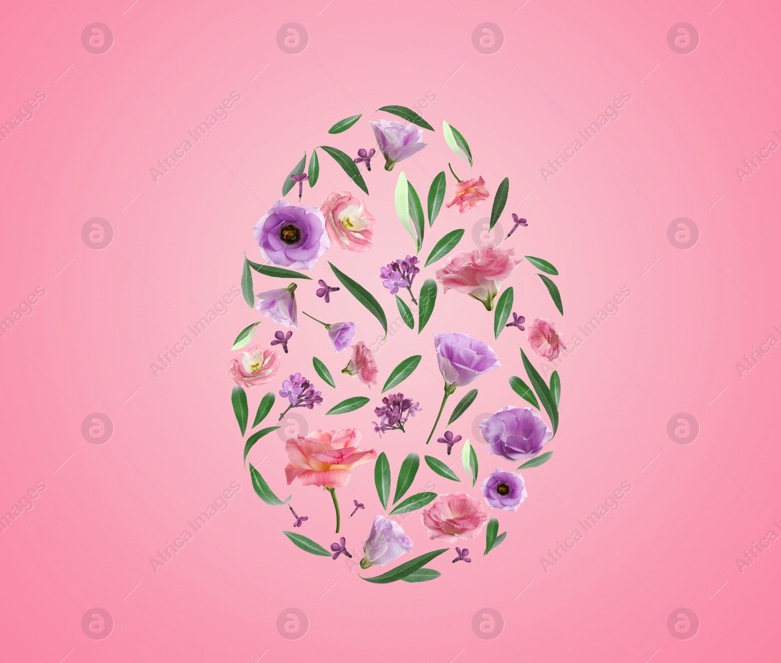 Image of Easter egg shape made of flowers and leaves on pink background, flat lay 