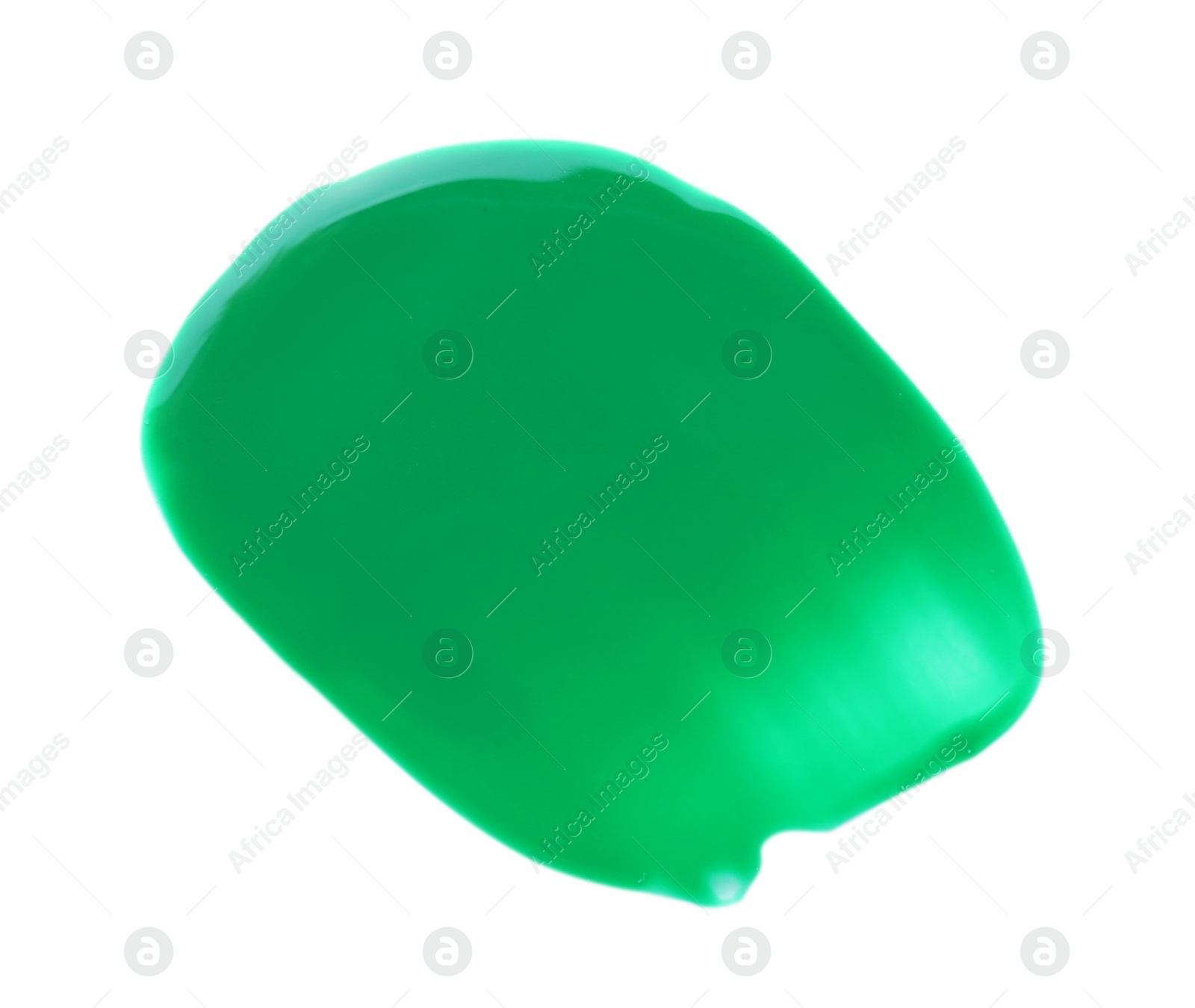 Photo of Green paint sample on white background, top view