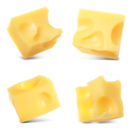 Image of Pieces of delicious cheese on white background, collage