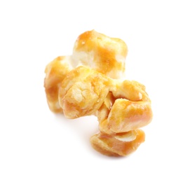 Delicious caramel popcorn on white background