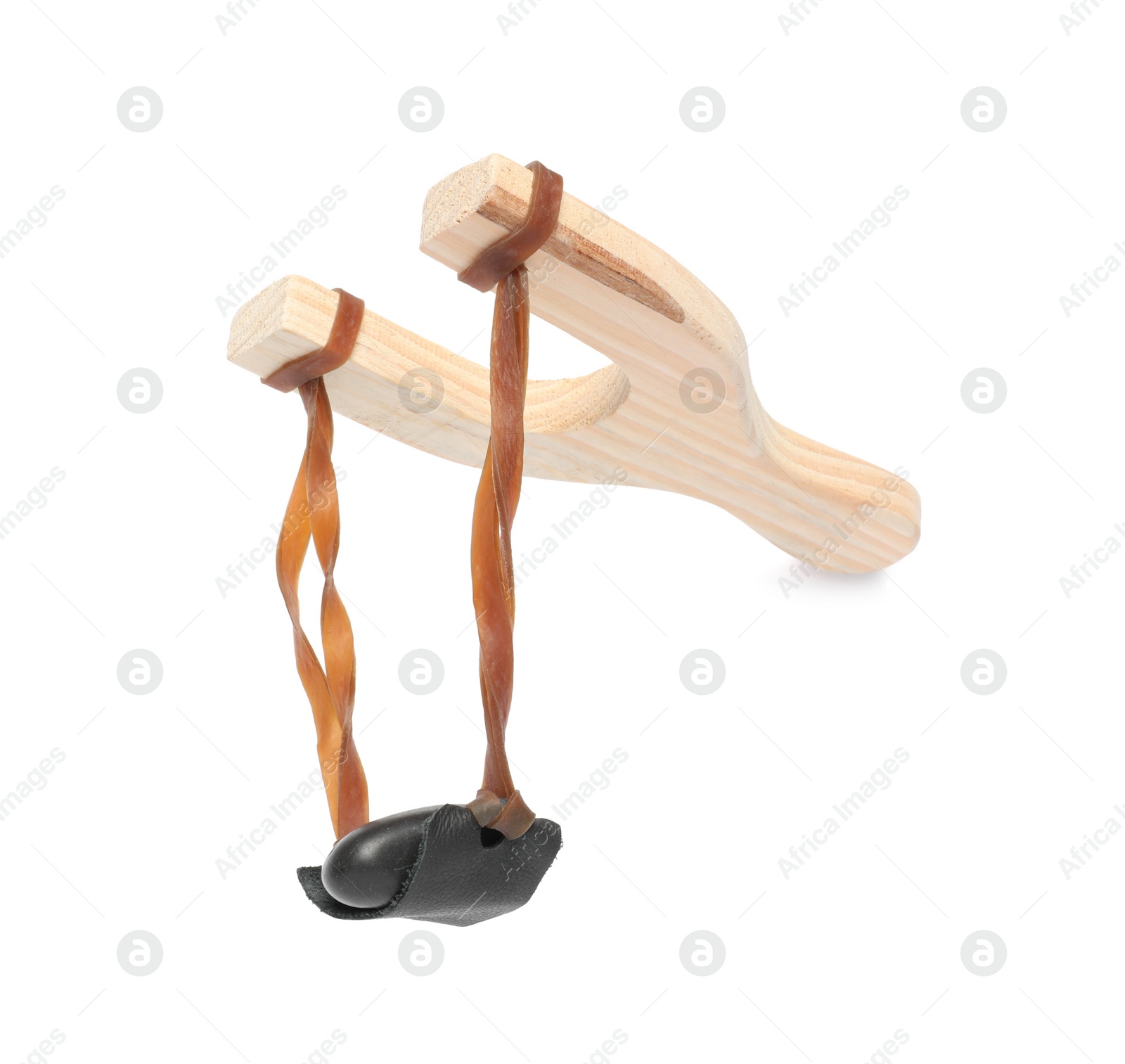 Photo of Wooden slingshot with pebble isolated on white