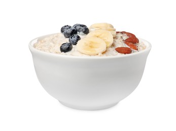 Photo of Tasty boiled oatmeal with blueberries, banana, almonds and chia seeds in bowl isolated on white