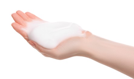 Woman with bath foam on white background, closeup