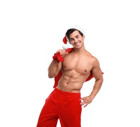 Sexy shirtless Santa Claus on white background