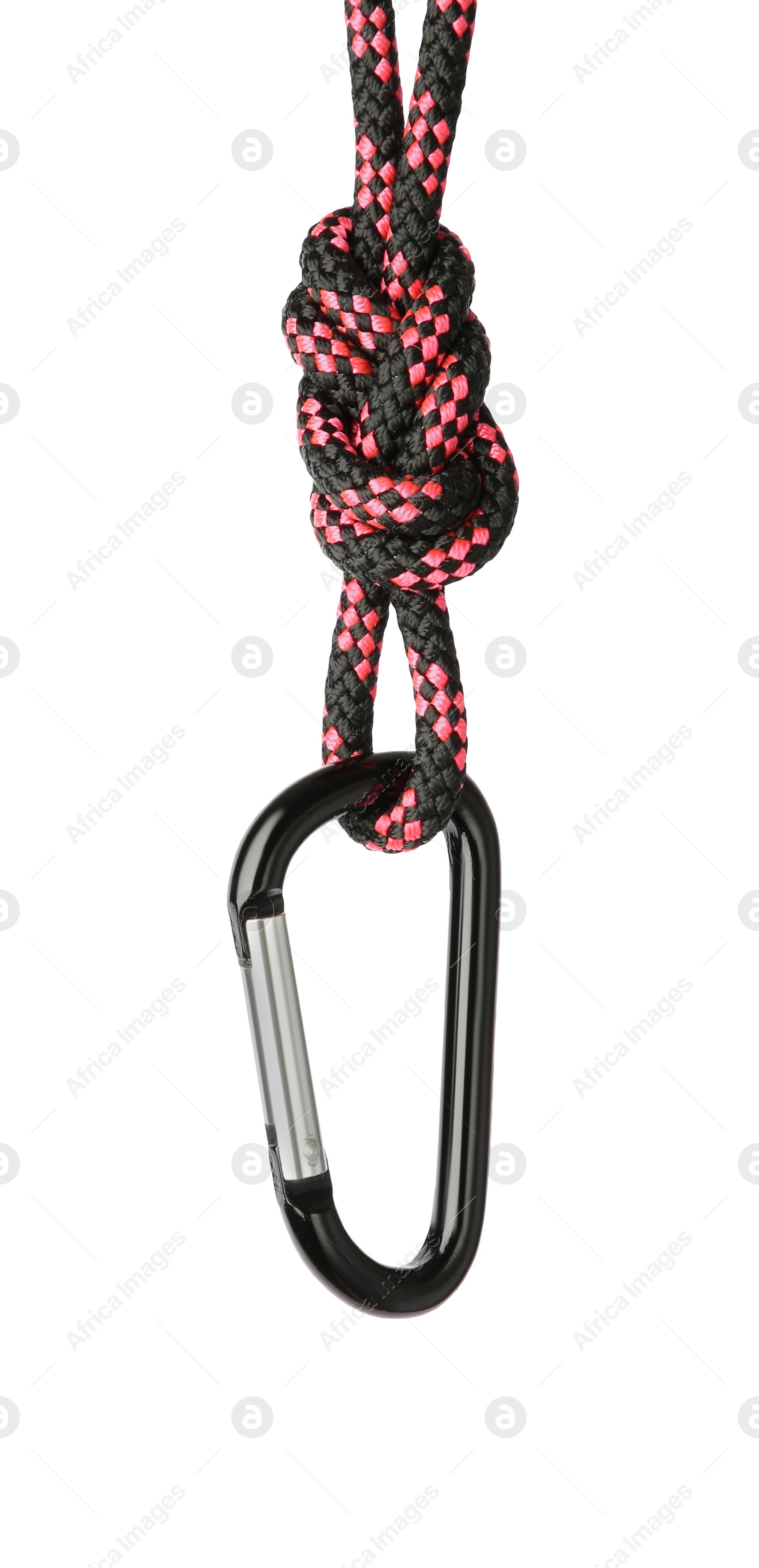 Photo of One metal carabiner with rope isolated on white