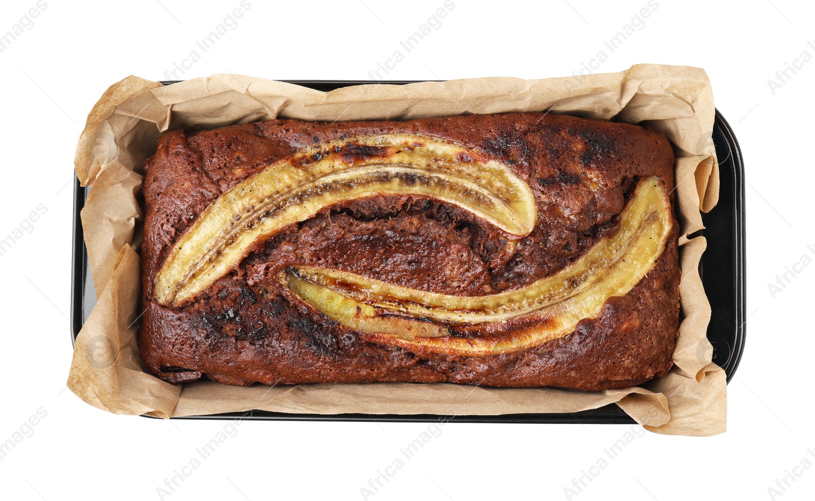 Photo of Delicious homemade banana bread isolated on white, top view