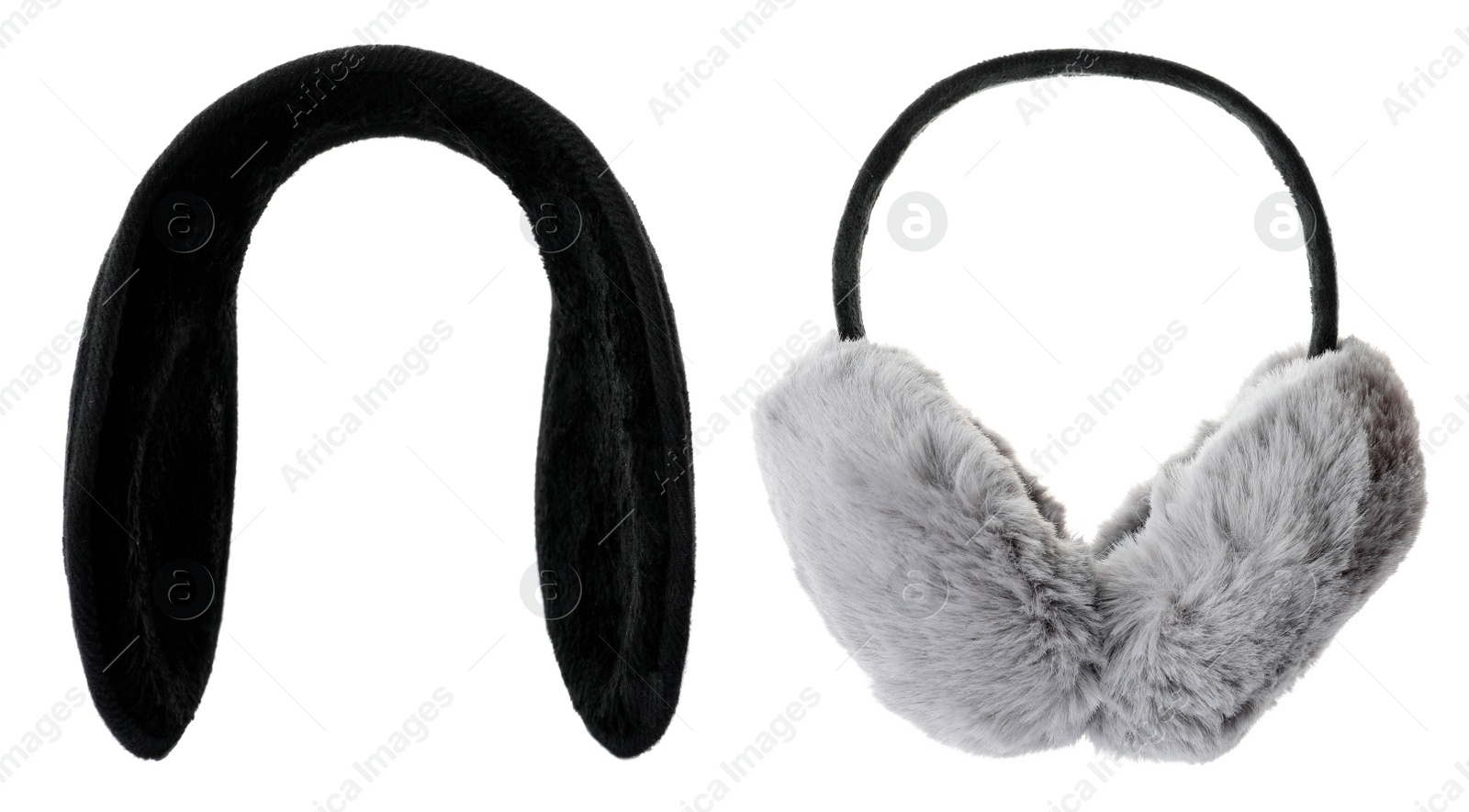 Image of Stylish warm earmuffs on white background, collage. Banner design