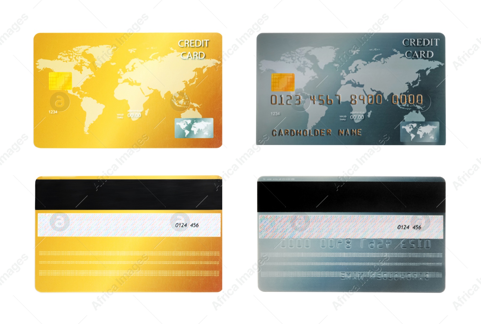 Image of Modern credit cards on white background, front and back views