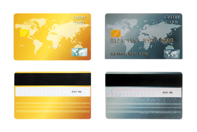 Modern credit cards on white background, front and back views