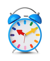 Photo of Alarm clock on white background. Time change concept