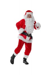 Photo of Man in Santa Claus costume running on white background