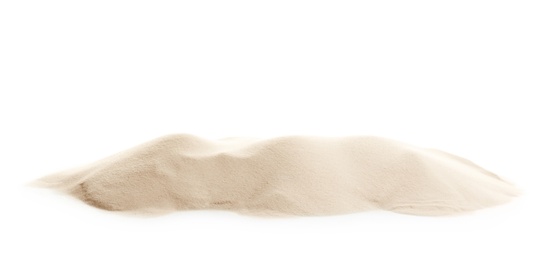 Photo of Heap of dry beach sand on white background