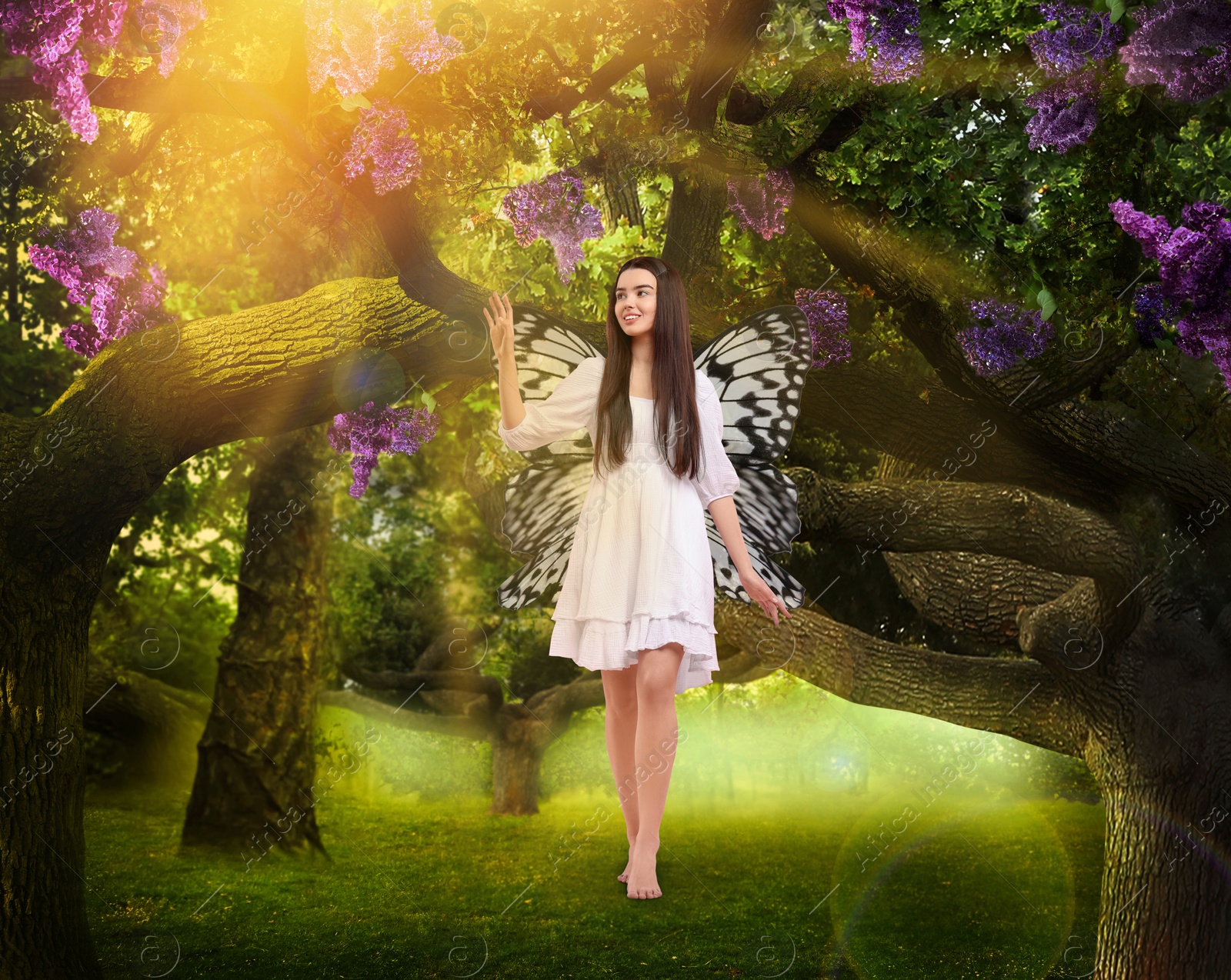 Image of Fairy walking in magic forest. Girl with butterfly wings among trees