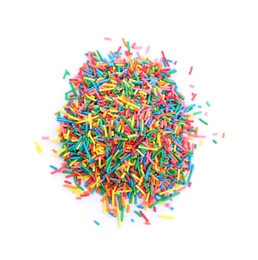 Photo of Colorful sprinkles on white background, top view. Confectionery decor