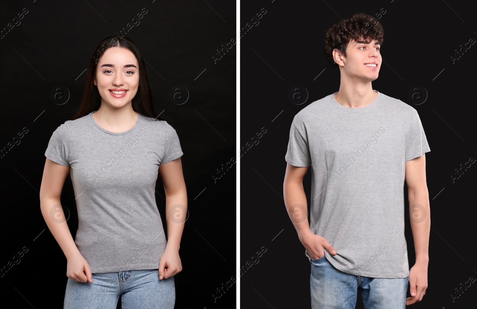 Image of People wearing grey t-shirts on black background. Mockup for design