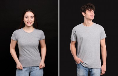 Image of People wearing grey t-shirts on black background. Mockup for design