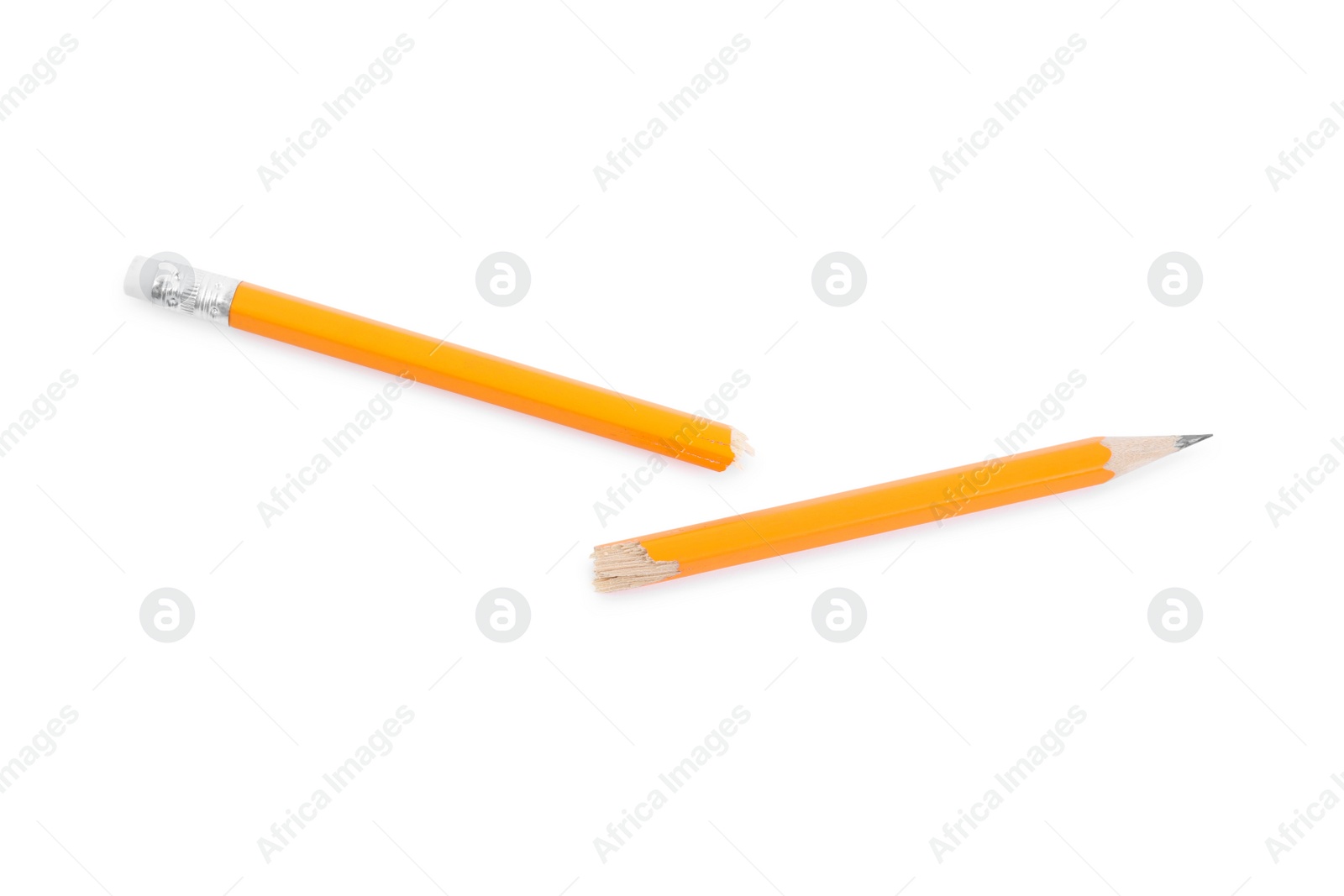 Photo of Broken graphite pencil with eraser isolated on white