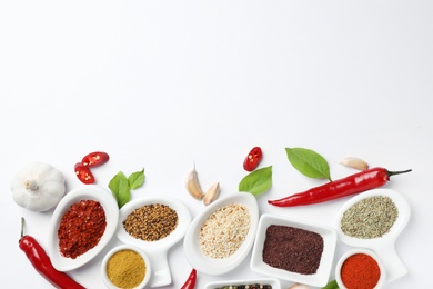 Photo of Composition with different aromatic spices and space for text on white background, top view