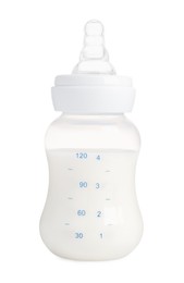 Feeding bottle with dairy free infant formula on white background