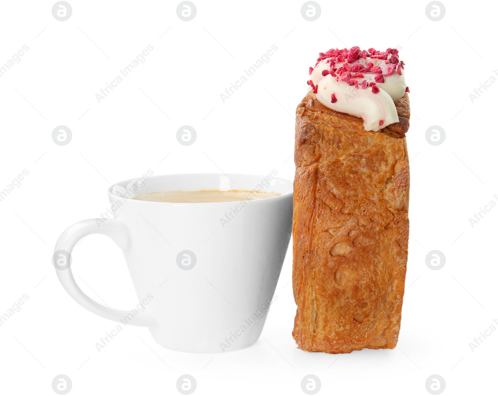 Photo of Round croissant with cream and cup of coffee isolated on white. Tasty puff pastry