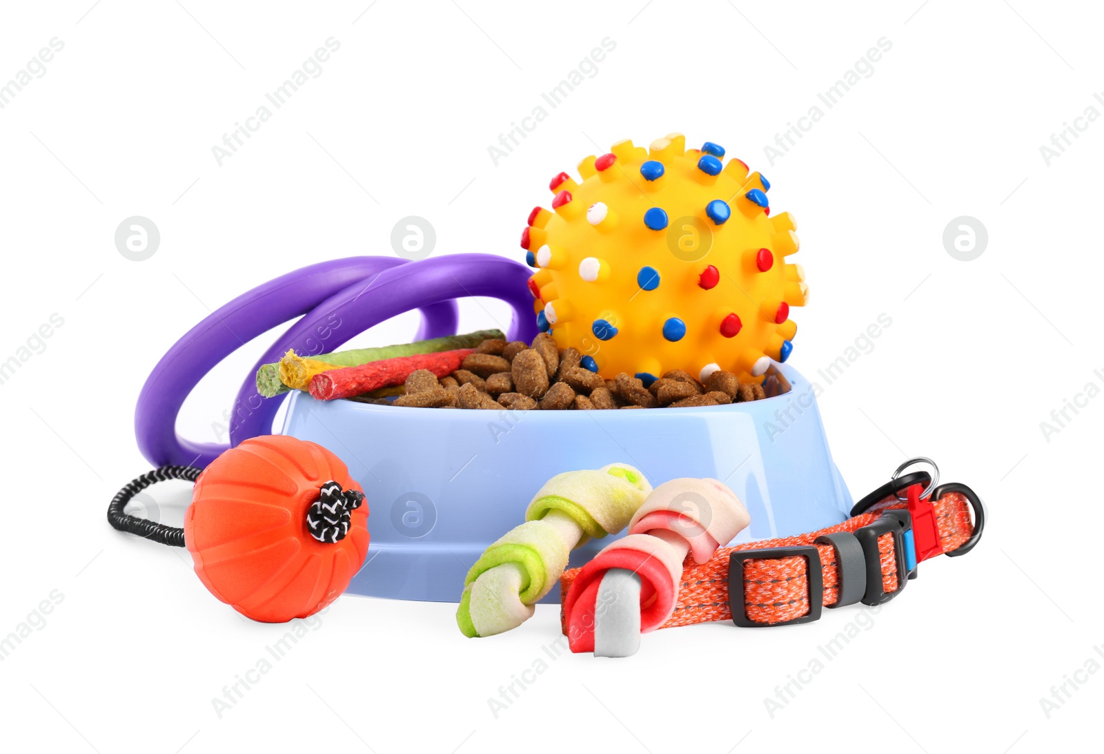 Photo of Different pet goods on white background. Shop assortment