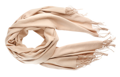 Photo of Soft beige scarf isolated white, top view