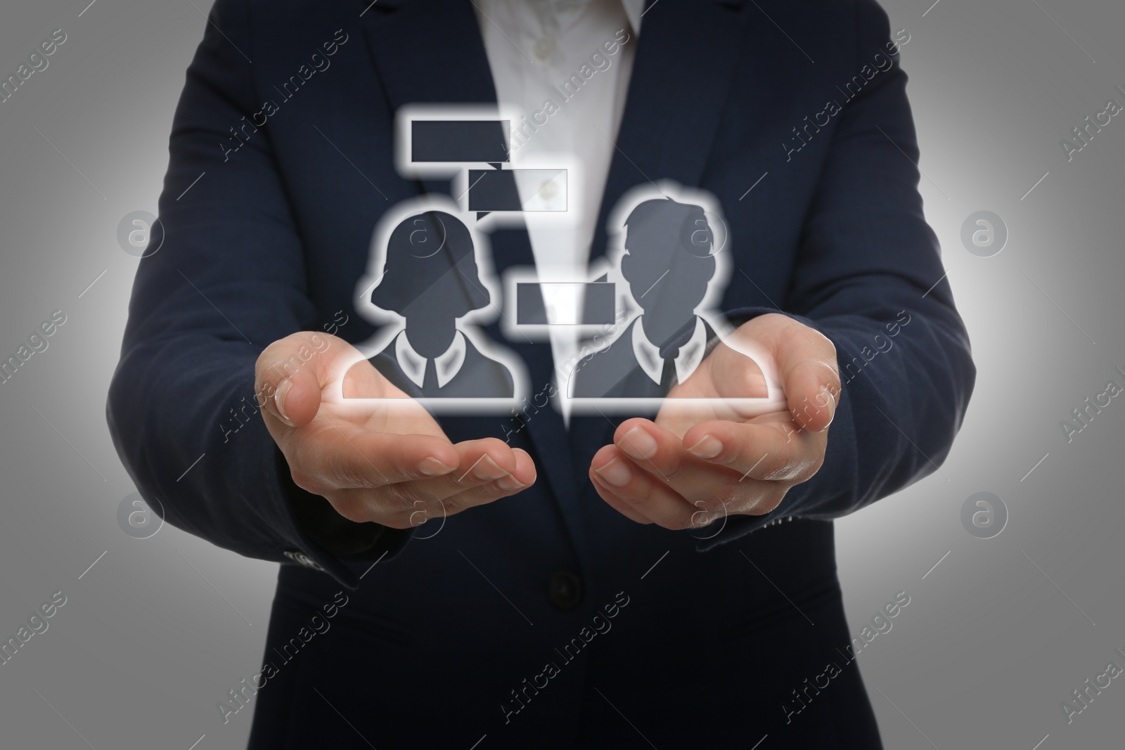 Image of Productive dialogue, meaningful conversation. Businesswoman holding illustration of people with speech bubbles on grey background, closeup