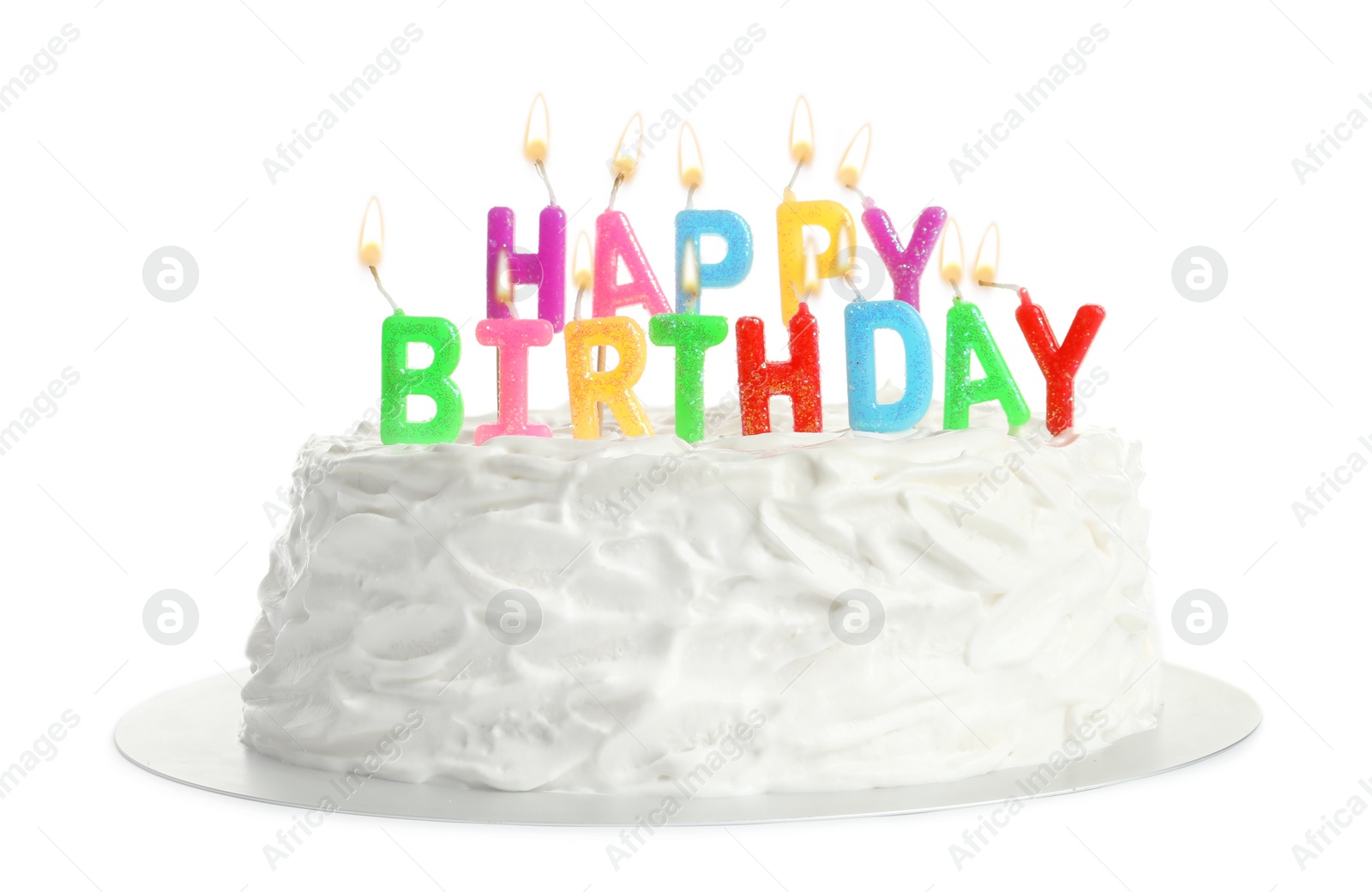 Photo of Birthday cake with candles on white background