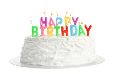 Photo of Birthday cake with candles on white background