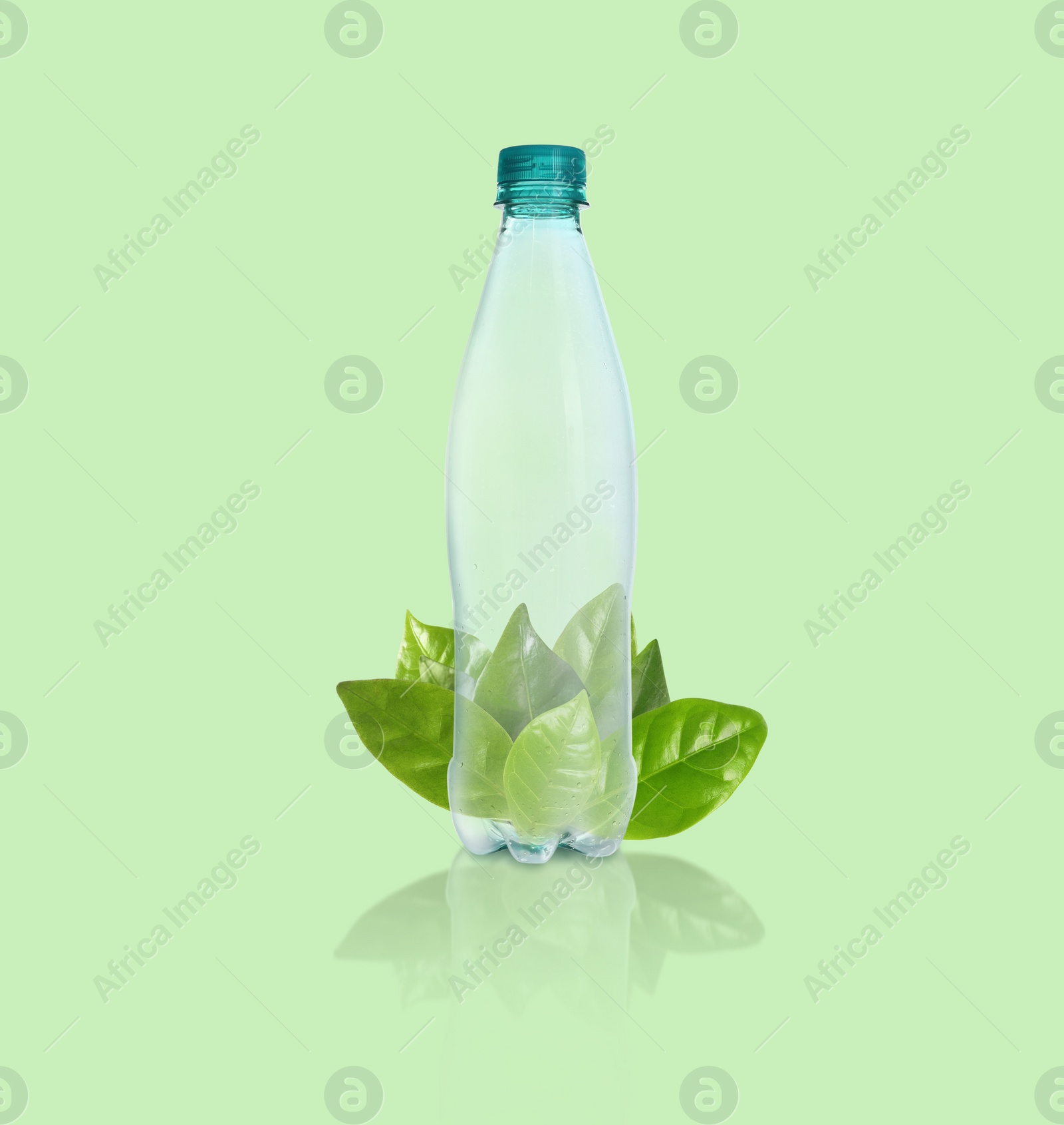 Image of Bottle made of biodegradable plastic and leaves on green background