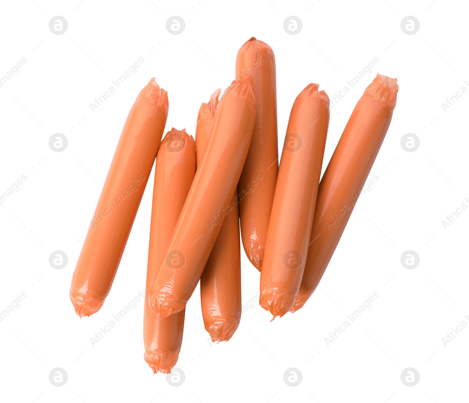 Photo of Encased sausages on white background, top view. Meat product