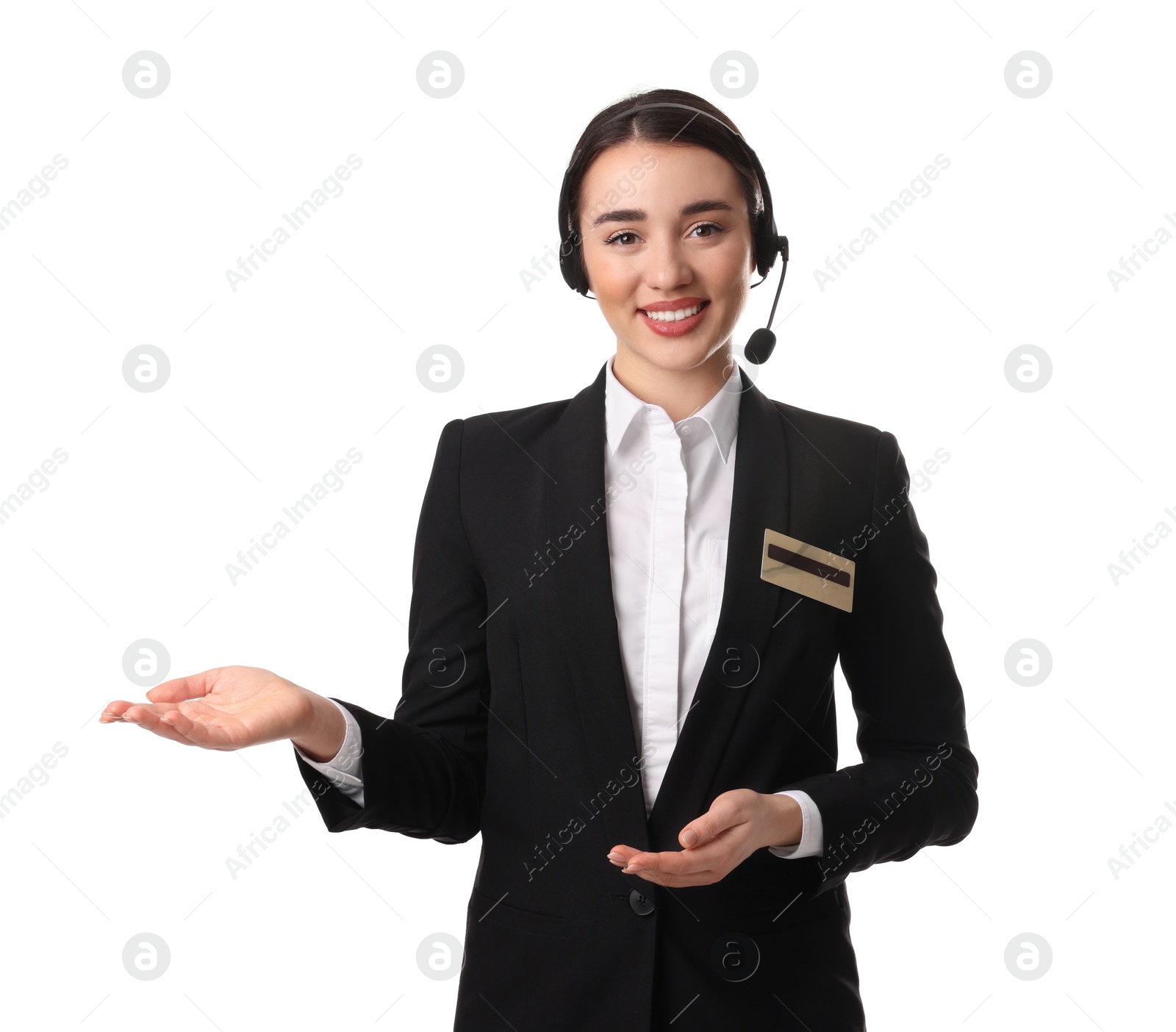 Photo of Portrait of receptionist with headset on white background