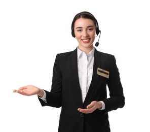 Photo of Portrait of receptionist with headset on white background